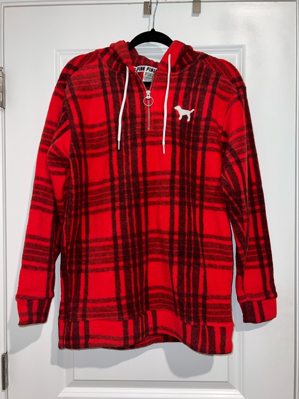 Victoria’s Secret PINK Red & Black Plaid 1/4 Zip Fleece Hoodie – Size S
